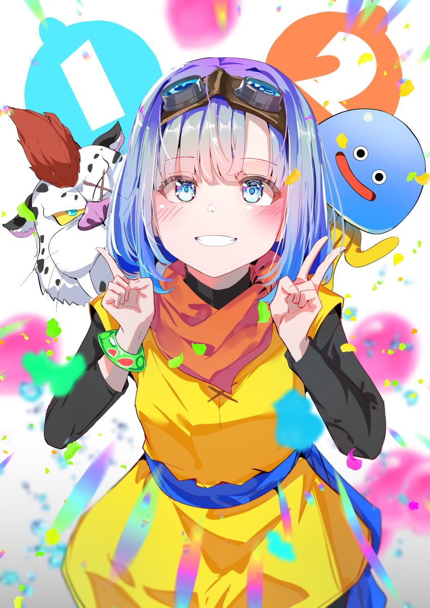 1girl, 2others, absurdres, balloon, blue_eyes, blue_sash, blunt_bangs, blurry