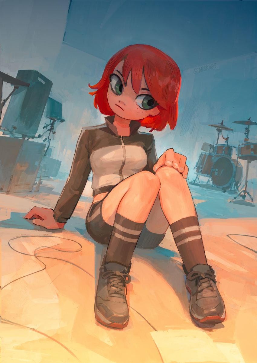 1girl, absurdres, amplifier, bike_shorts, black_jacket, black_shoes, black_shorts, black_socks