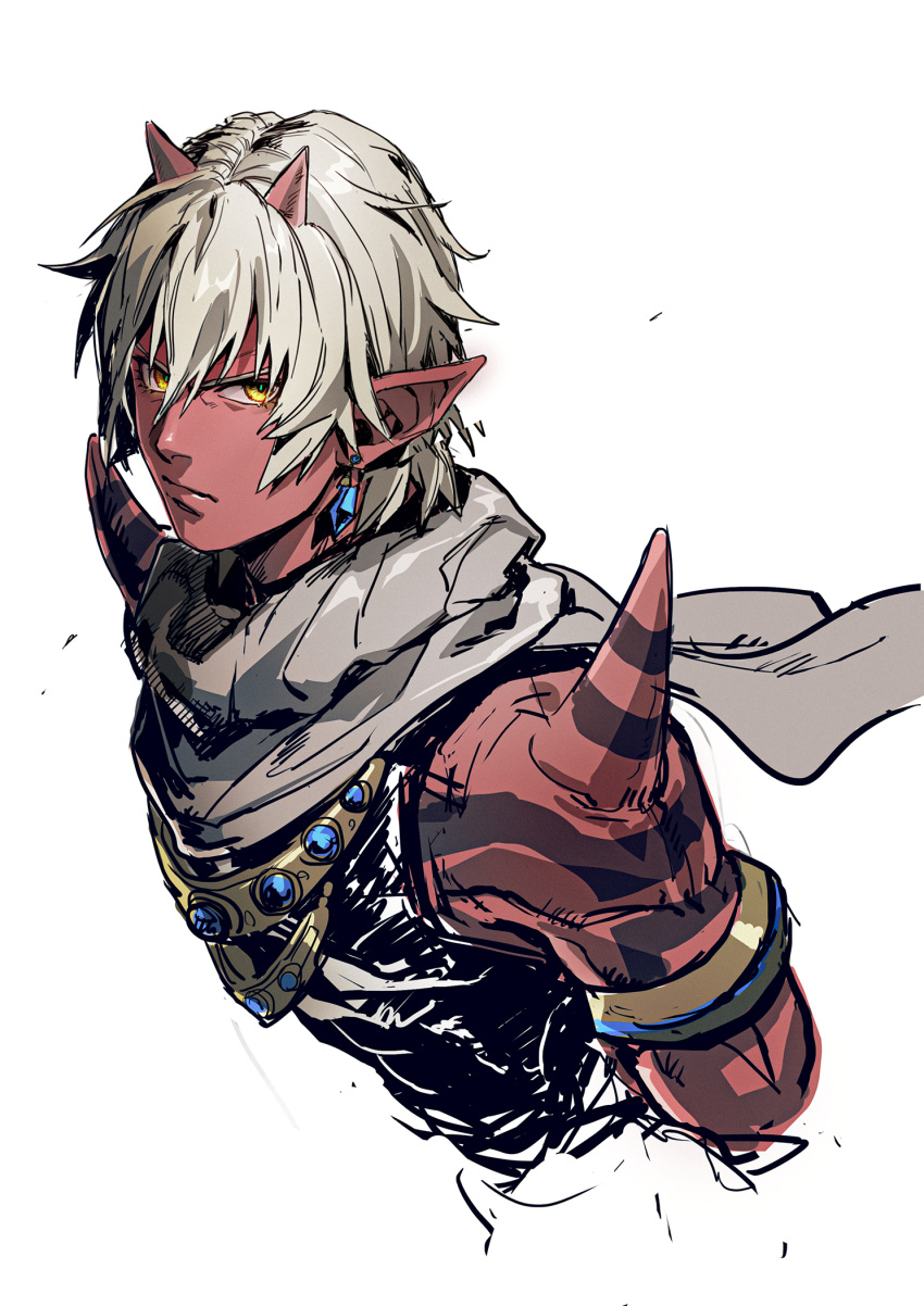 1boy, armlet, black_shirt, blue_gemstone, closed_mouth, colored_skin, commentary, dragon_quest