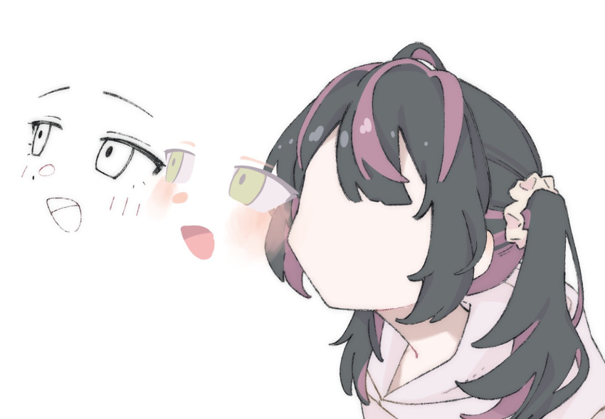 1girl, black_hair, center-flap_bangs, disembodied_mouth, faceless, faceless_female, hair_ornament, hair_scrunchie