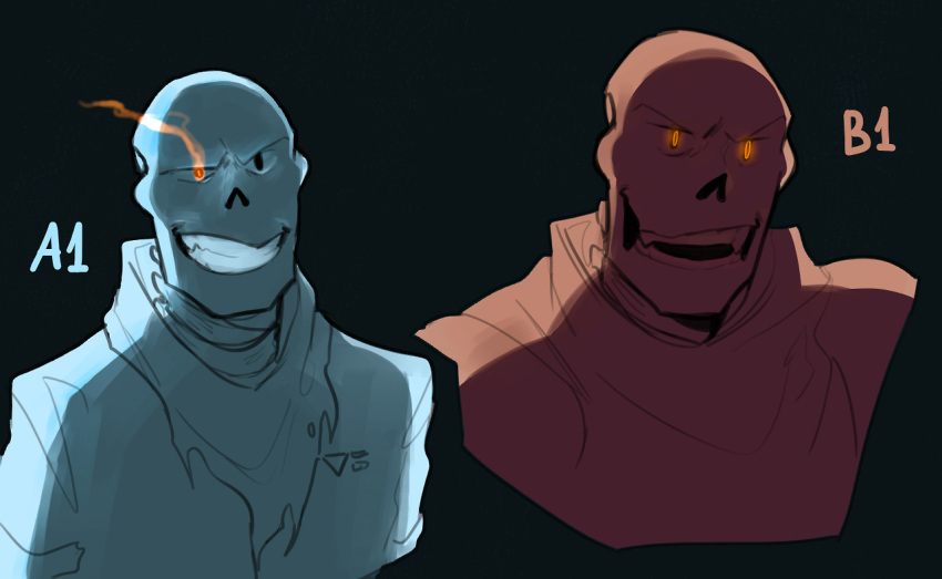 1boy, 2017, 2d, armor, blue_background, dark_background, digital_media, eli-sin-g, flaming_eyes, glowing_eyes, grin, humanoid, inactive_account, male, male_only, monochrome, monster, monster_boy, multiple_expressions, orange_eyes, papyrus_(undertale), portrait, shirt, simple_background, skeleton, smile, solo, teeth, third-party_source, undead, undertale