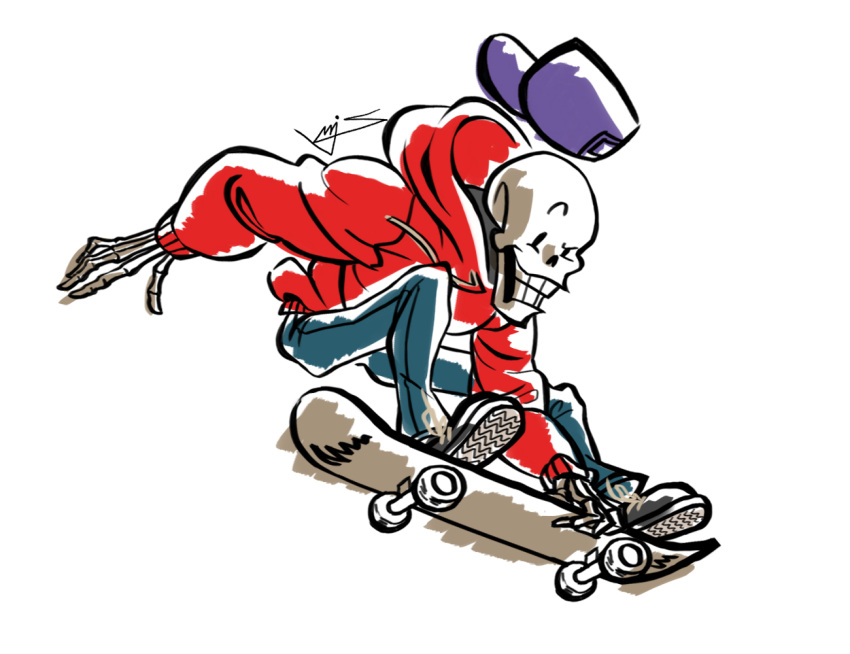 1boy, 2016, 2d, alternate_costume, black_footwear, blue_pants, cap, digital_media, drawstring, dupsmj9610, hat, hood, hoodie, humanoid, male, male_only, monster, monster_boy, pants, papyrus_(undertale), red_hoodie, signature, simple_background, skateboard, skeleton, sneakers, solo, teeth, undead, undertale, white_background