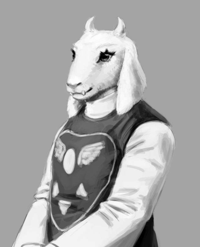 1girl, 2023, 2d, anthro, delta_rune_(symbol), digital_media, female, female_only, floppy_ears, furry, furry_female, goat, goat_ears, goat_girl, goat_horns, grey_background, horns, joeadok, mammal, monochrome, monster, monster_girl, robe, simple_background, solo, toriel, undertale, upper_body, utdr_(toby_fox), white_fur, white_horns