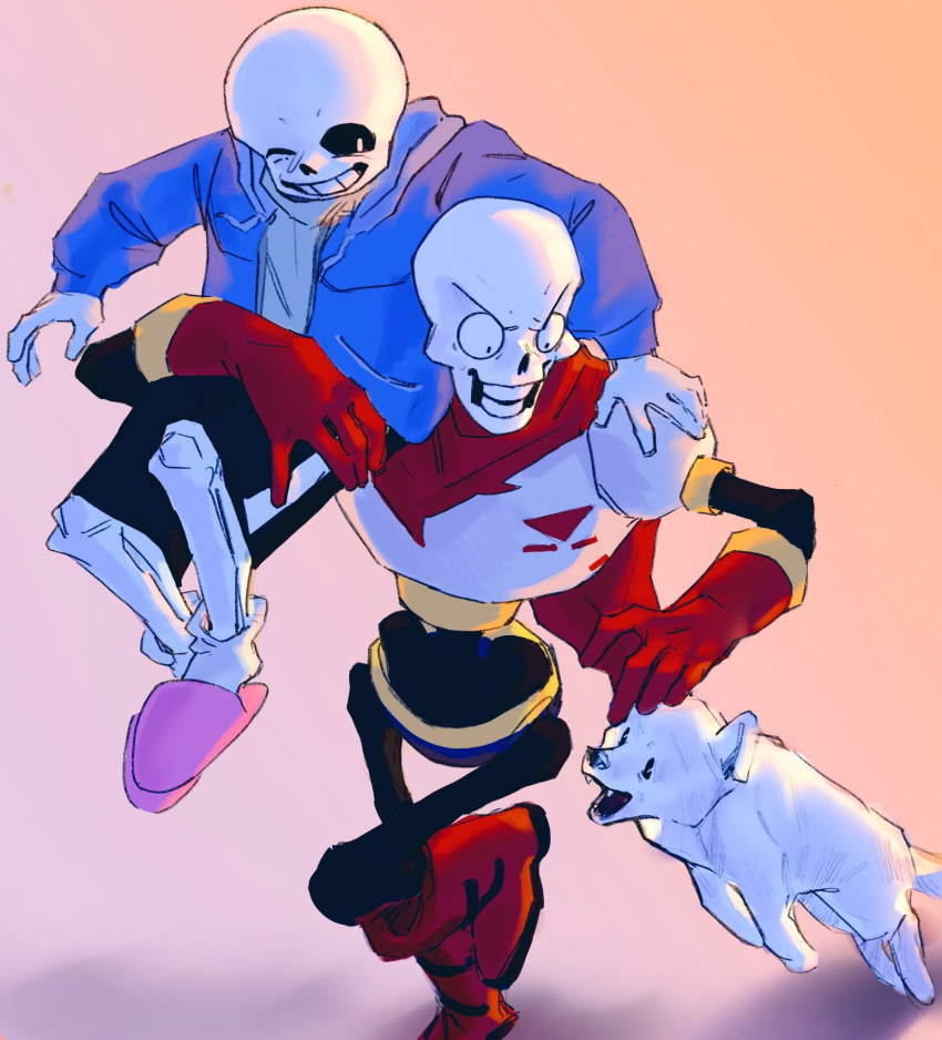 2022, 2boys, 2d, animal, annoying_dog, armor, black_shorts, blue_jacket