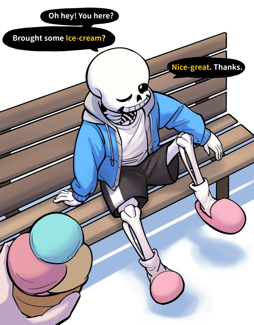 1boy, 1other, 2025, 2d, bench, black_shorts, blue_jacket, digital_media