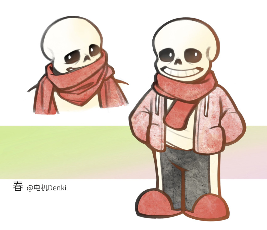 1boy, 2d, artist_name, black_pants, cropped_shoulders, digital_media, full_body, gradient_background, hands_in_pockets, highres, hood, hood_down, hooded_jacket, humanoid, jacket, kaisaniku, male, male_only, monster, monster_boy, multicolored_background, open_jacket, pants, red_jacket, red_scarf, red_slippers, sans_(undertale), scarf, shirt, simple_background, skeleton, slippers, solo, standing, striped_pants, teeth, undead, undertale, white_background, white_shirt, white_stripes