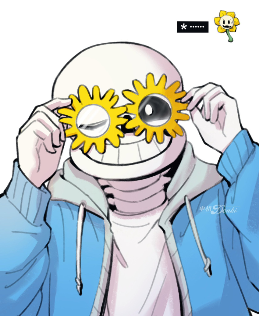..., 2025, 2boys, 2d, artist_name, blue_jacket, digital_media, drawstring, duo, flower, flower-shaped_eyewear, flowey_(undertale), glasses, gloves, highres, hood, hood_down, hooded_jacket, humanoid, jacket, kaisaniku, male, male_focus, male_only, monster, monster_boy, multiple_boys, one_eye_closed, open_jacket, plant, sans_(undertale), shirt, simple_background, skeleton, solo_focus, spoken_ellipsis, teeth, undead, undertale, upper_body, white_background, white_gloves, white_shirt, yellow_flower
