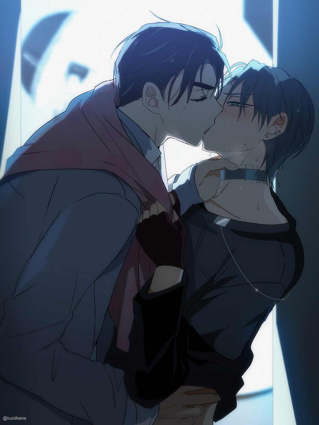 2boys, alien_stage, artist_name, black_hair, black_shirt, choker, closed_eyes, coat, commentary, ear_piercing, earrings, english_commentary, fingerless_gloves, french_kiss, from_side, gloves, green_eyes, grey_choker, highres, ivan_(alien_stage), jewelry, kiss, long_sleeves, lucidkana, multiple_boys, neck_tattoo, piercing, shirt, short_hair, tattoo, till_(alien_stage), towel, towel_around_neck, white_coat, yaoi