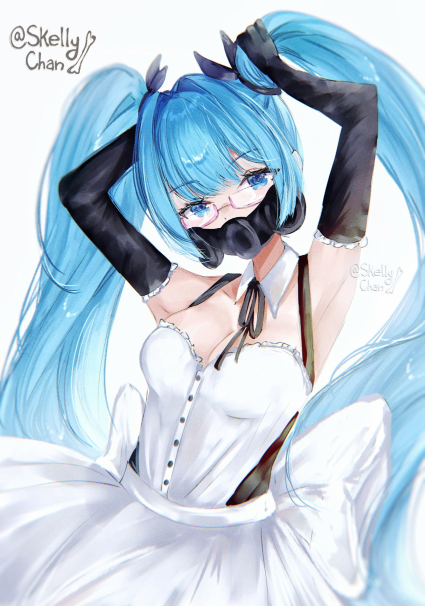 1girl, blue_eyes, blue_hair, breasts, detached_sleeves, gas_mask, hatsune_miku, highres