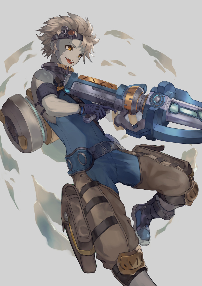 1boy, absurdres, blue_boots, blue_jumpsuit, boots, colored_skin, commentary, grey_background