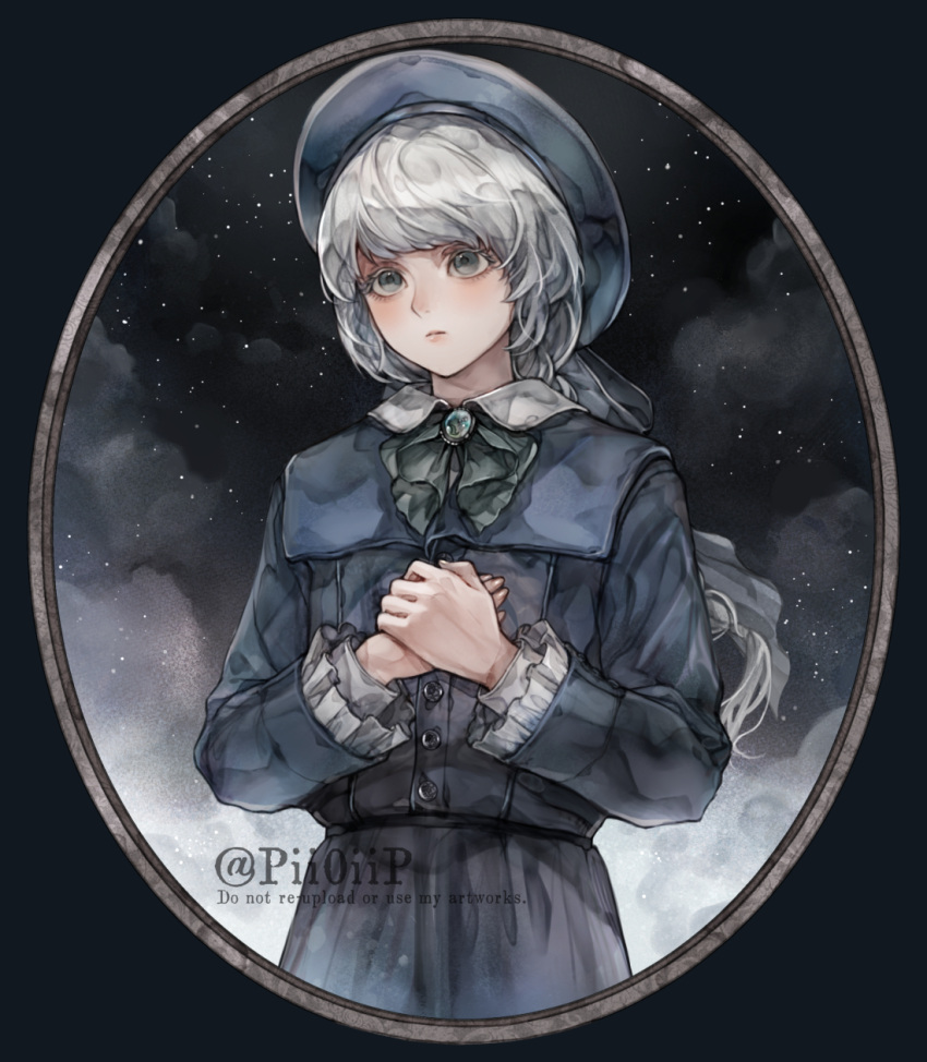 1boy, androgynous, artist_name, ascot, blue_hat, border, buttons, eyelashes, green_ascot, grey_eyes, hashtag-only_commentary, hat, highres, long_hair, male_focus, own_hands_together, pii0iip, round_border, solo, standing, the_duskbloods, twitter_username, white_hair