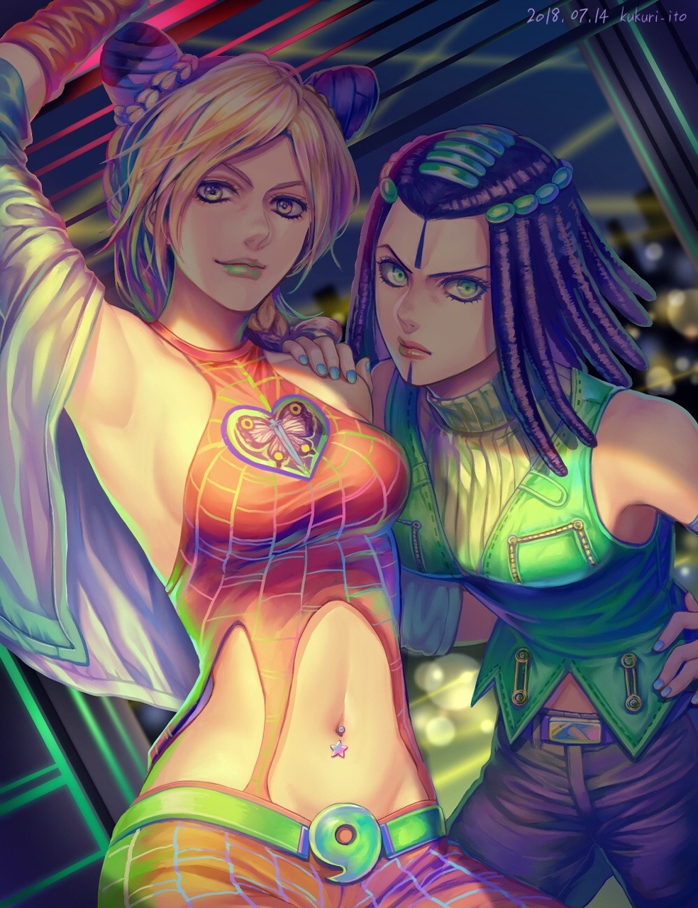 2girls, animal_print, belt, blonde_hair, butterfly_print, crop_top, double_bun, dreadlocks