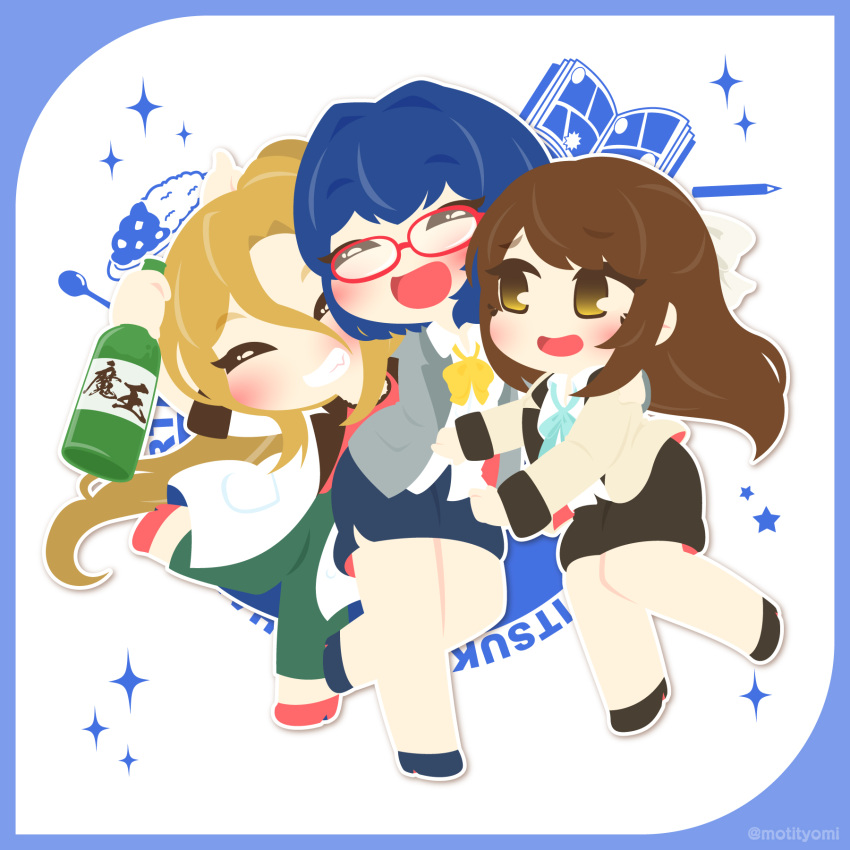 3girls, battle_girl_high_school, black_shoes, black_skirt, blue_border, blue_bow, blue_hair, blue_shoes