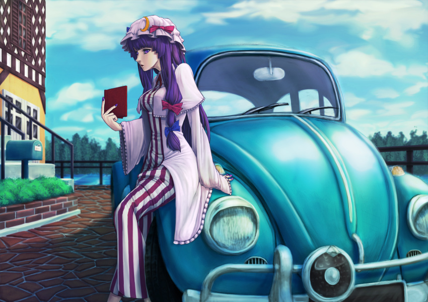 absurdres, book, car, crescent, hat, highres, motor_vehicle, pale_skin