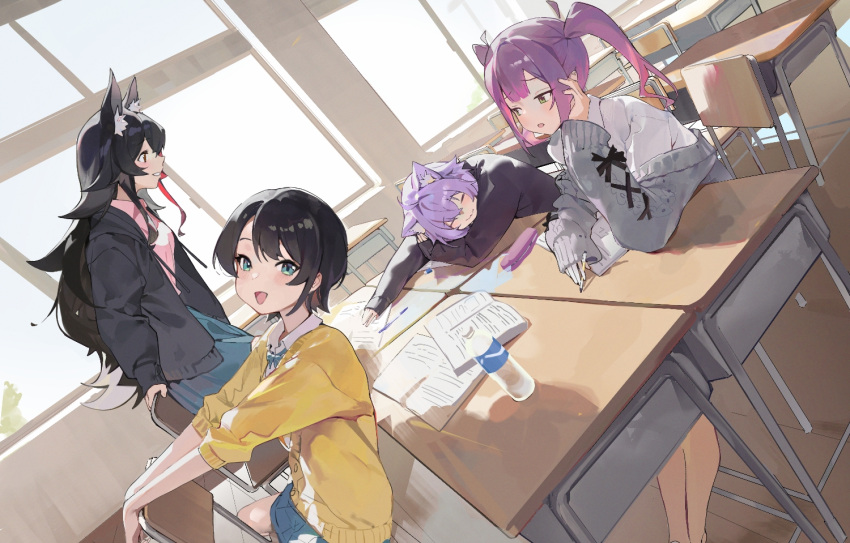 4girls, alternate_costume, animal_ear_fluff, animal_ears, black_hair, black_jacket, blue_skirt, brown_hair