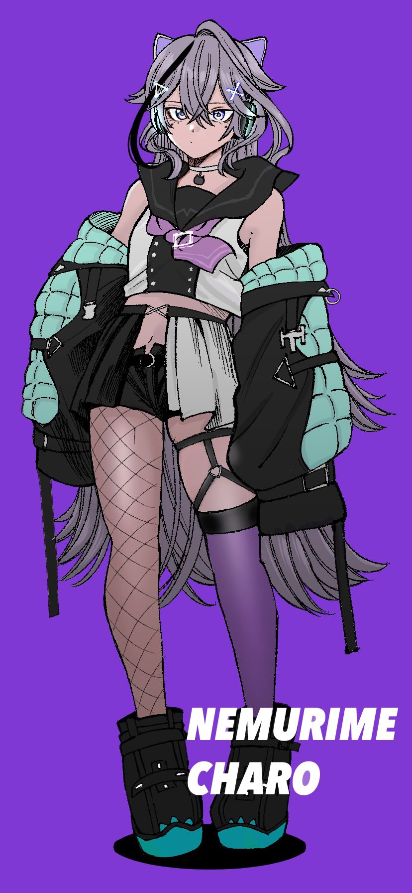 1girl, animal_ear_headphones, animal_ears, ankle_boots, asymmetrical_legwear, bare_shoulders, black_boots, black_shorts