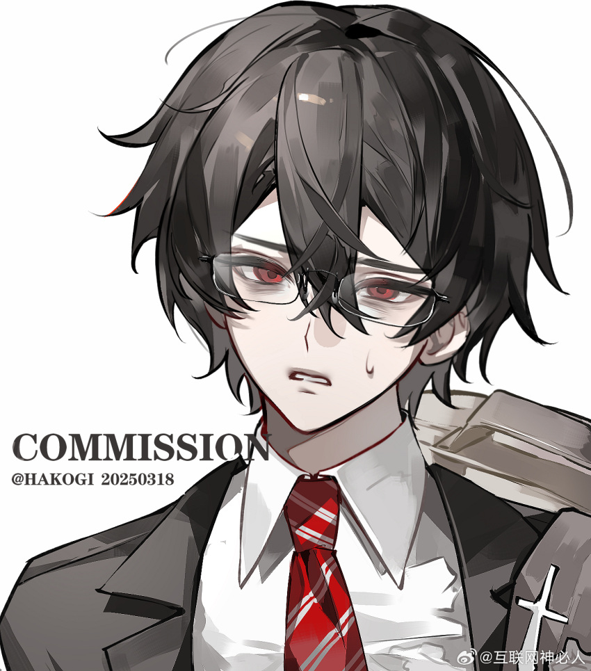 1boy, bag, black_hair, black_suit, commission, confused, highres, necktie