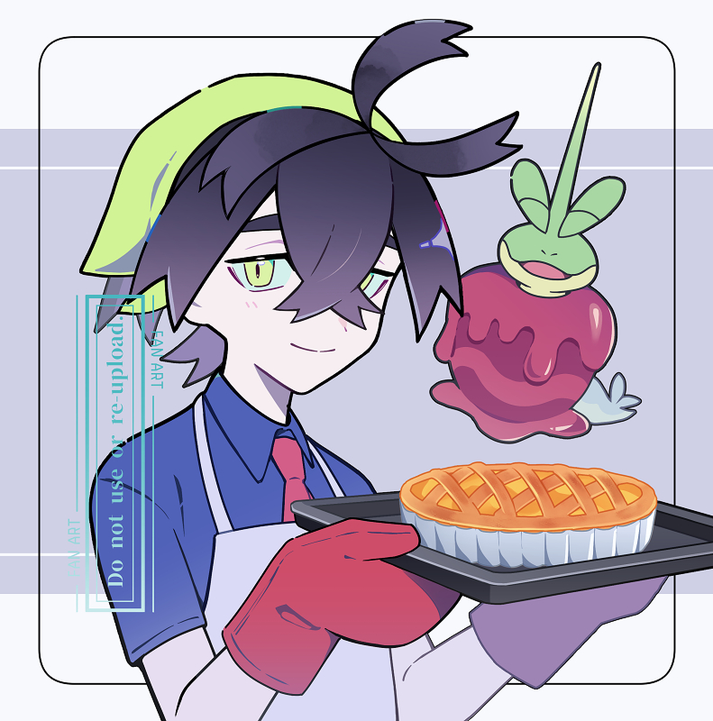 1boy, apron, baking_sheet, blue_shirt, closed_mouth, collared_shirt, commentary_request, crossed_bangs