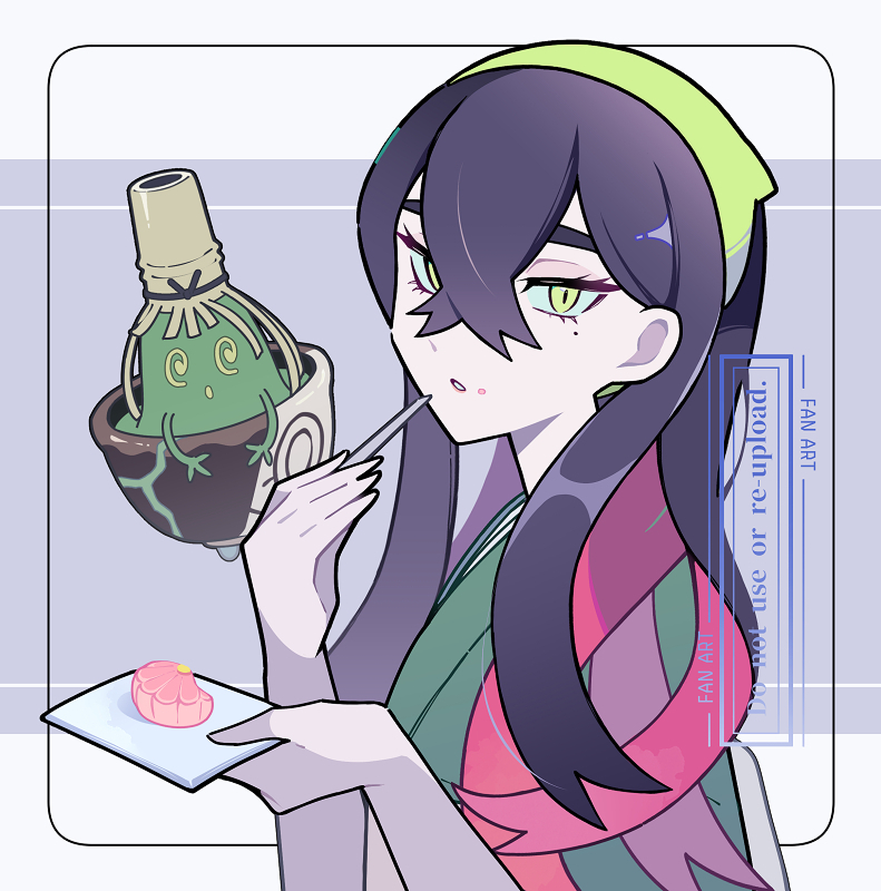 1girl, black_hair, carmine_(pokemon), commentary_request, crossed_bangs, eating, eyelashes, food