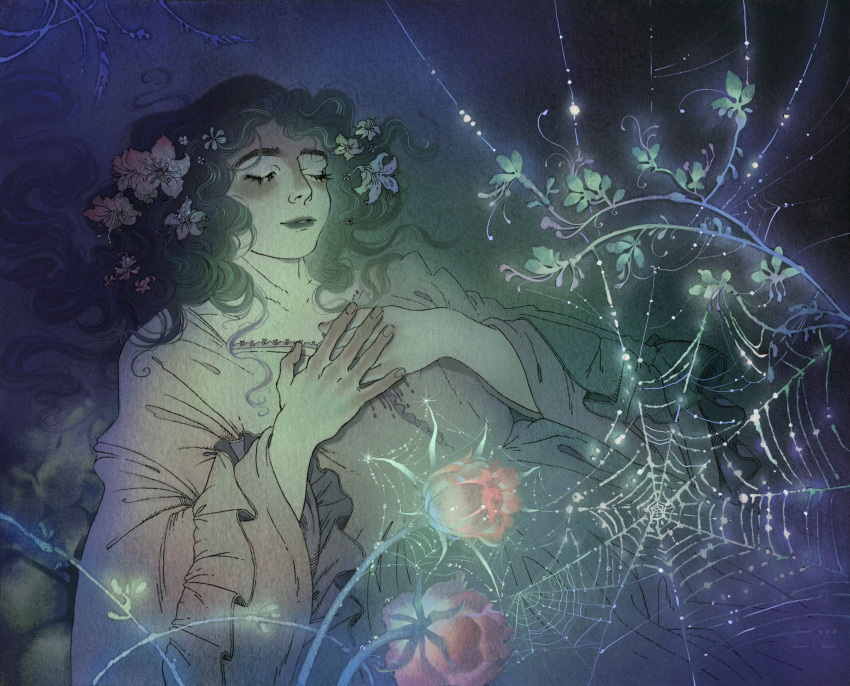 1girl, black_hair, closed_eyes, collarbone, dark, dew_drop, dress, flower