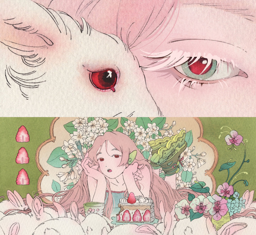 1girl, albino, animal, cake, close-up, colored_eyelashes, commentary, cup, flower, food, fruit, highres, inline_skates, leaf, lying, on_stomach, open_mouth, original, pink_flower, pink_hair, plant, rabbit, red_eyes, roller_skates, skates, strapless, strawberry, symbol-only_commentary, vase, vinsenta, white_eyelashes, white_flower