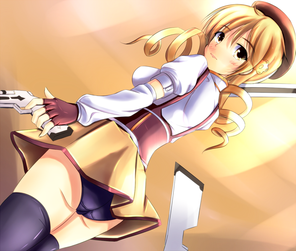 black_legwear, black_panties, black_thighhighs, blush, drill_hair, dutch_angle, from_below, gloves