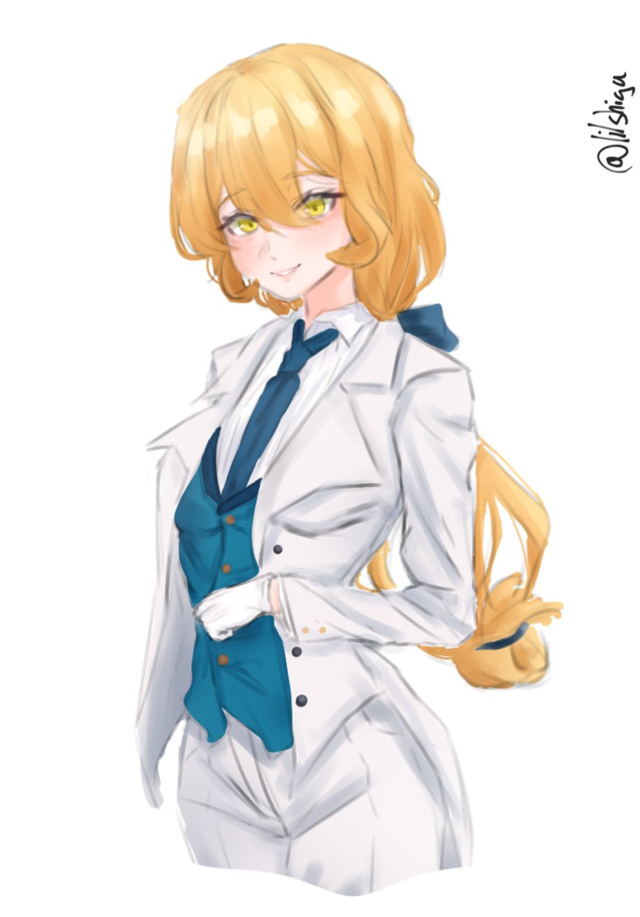 1girl, alternate_costume, blonde_hair, blue_necktie, blue_vest, cowboy_shot, highres, jacket