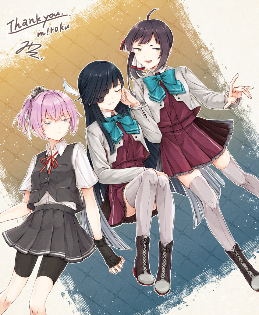 3girls, absurdres, bike_shorts, bike_shorts_under_skirt, black_gloves, black_hair, blue_bow, blue_bowtie