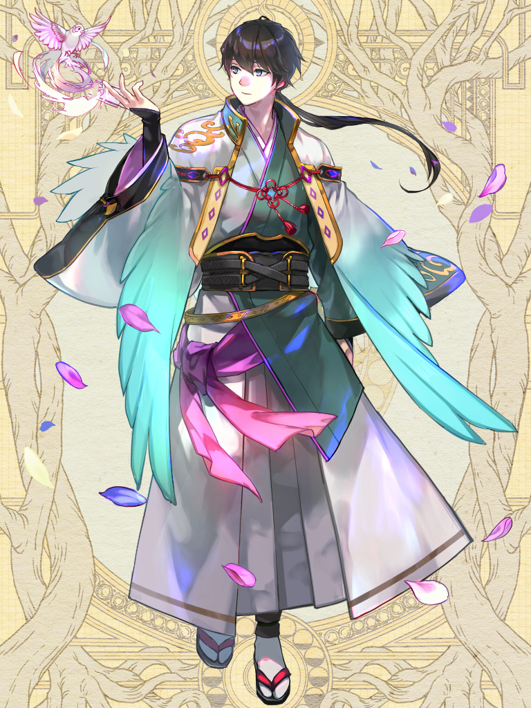 1boy, aqua_capelet, aqua_eyes, arm_at_side, belt, bird, black_arm_warmers, black_belt