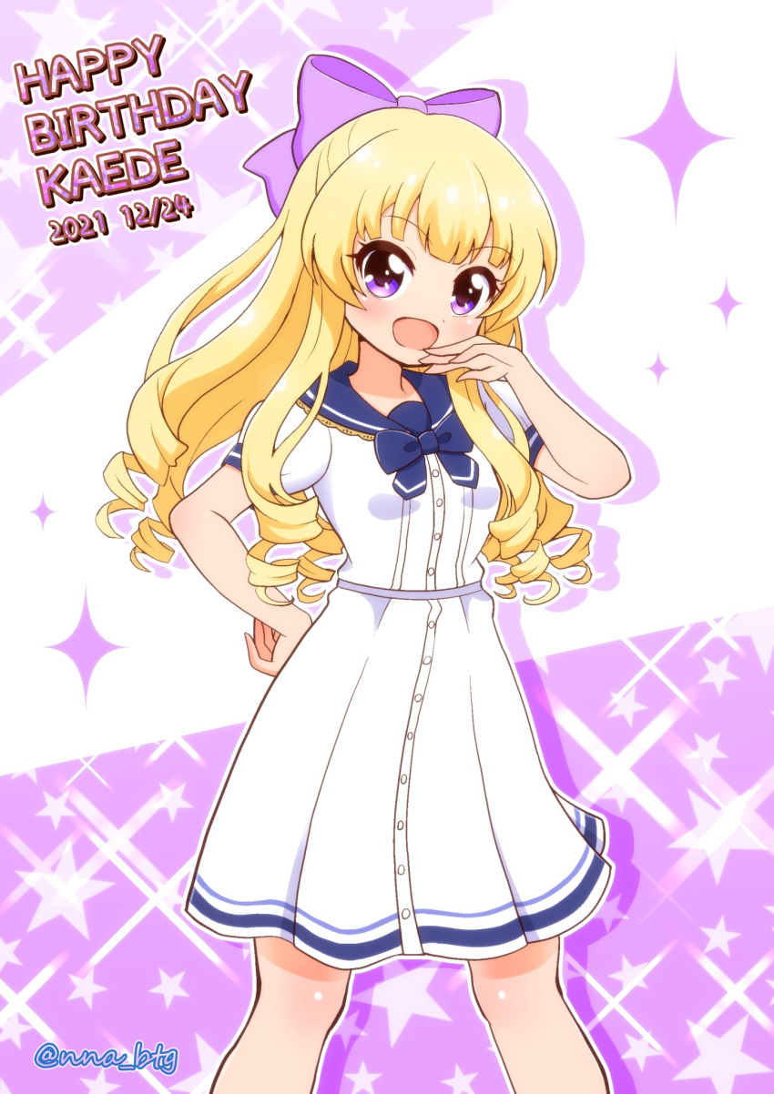 1girl, battle_girl_high_school, blonde_hair, bow, character_name, dated, dress, drop_shadow
