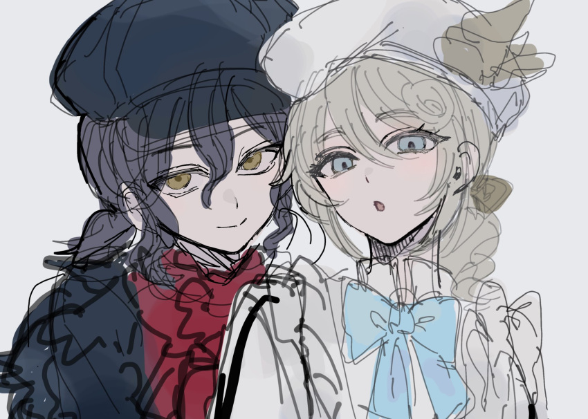 !_(rsa_yuhr), 2boys, :o, androgynous, beret, black_hair, black_hat, blonde_hair