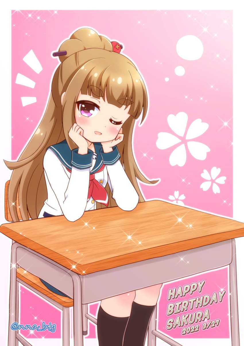 1girl, battle_girl_high_school, border, brown_hair, chair, desk, fujimiya_sakura, hair_bun, happy_birthday, highres, long_hair, looking_at_viewer, neckerchief, nna_btg, one_eye_closed, pink_background, red_neckerchief, school_desk, school_uniform, serafuku, shirt, single_hair_bun, solo, sparkle, twitter_username, violet_eyes, white_border, white_shirt