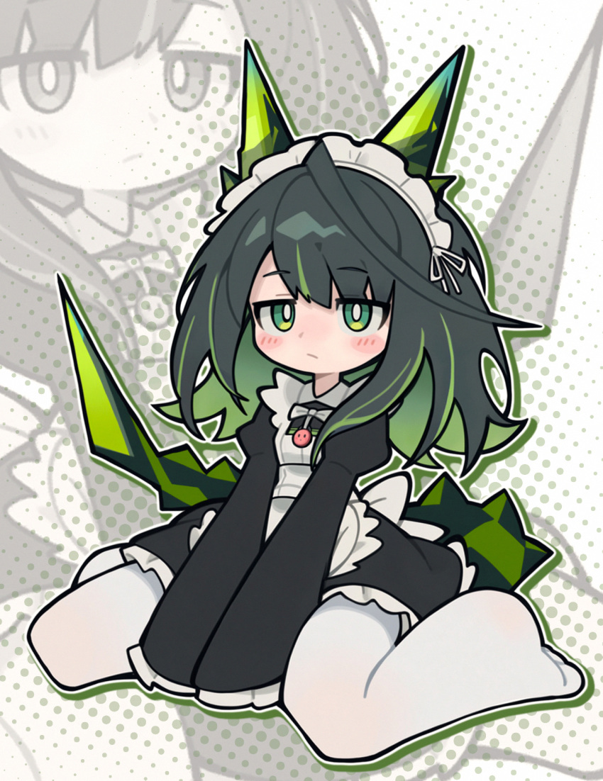 1girl, ahoge, alternate_costume, arknights, between_legs, black_hair, blush_stickers, bright_pupils, chibi, chibi_only, closed_mouth, colored_inner_hair, enmaided, frills, g62848, green_eyes, green_hair, halftone, hand_between_legs, highres, huge_ahoge, looking_at_viewer, maid, maid_headdress, medium_hair, mon3tr_(arknights), multicolored_hair, outline, pantyhose, sitting, sleeves_past_fingers, sleeves_past_wrists, solo, streaked_hair, wariza, white_pantyhose, white_pupils, zoom_layer