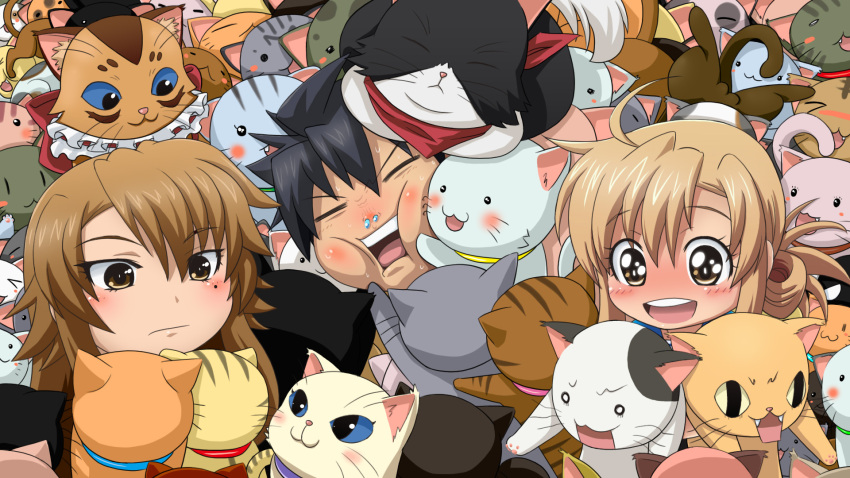 blonde_hair, blush, blush_stickers, brown_eyes, brown_hair, cat, closed_eyes, highres