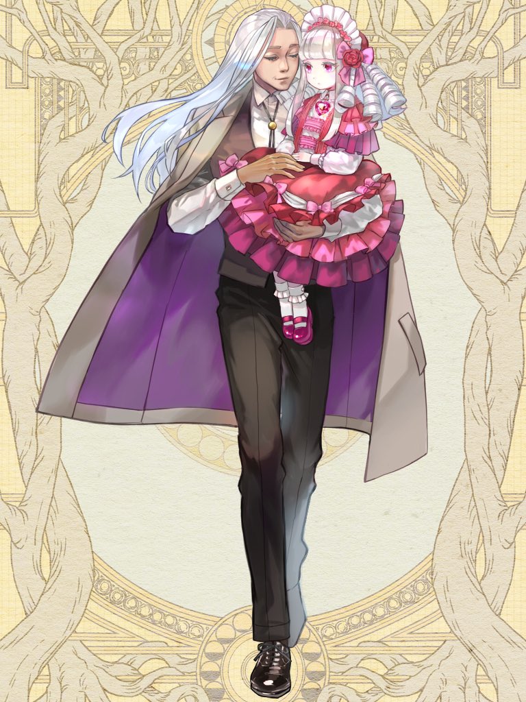 1boy, androgynous, black_pants, black_shoes, bolo_tie, brown_vest, carrying, child_carry