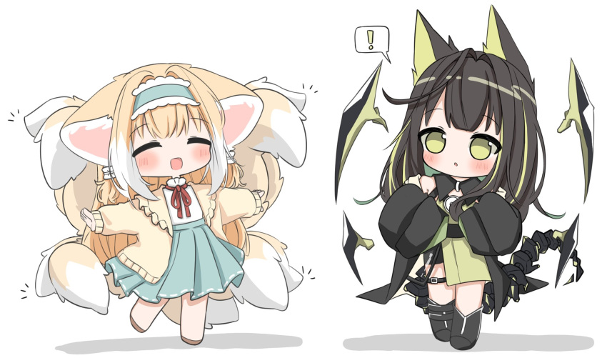 !, 2girls, :d, animal_ears, aqua_skirt, arknights, black_hair, black_jacket