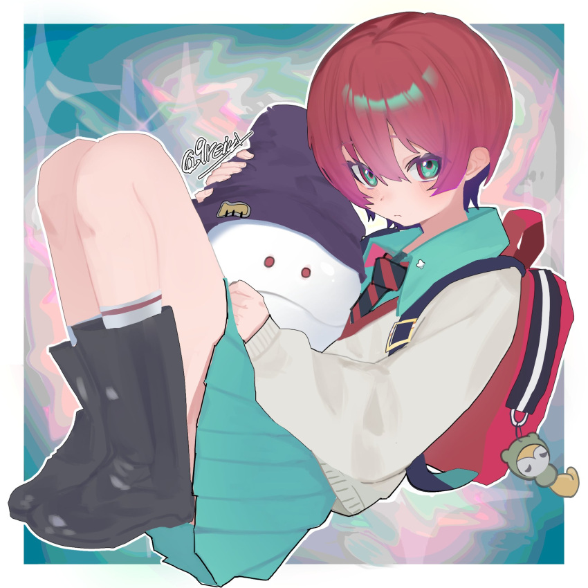 1girl, amate_yuzuriha, aqua_eyes, aqua_shirt, aqua_skirt, bag, collared_shirt, gundam