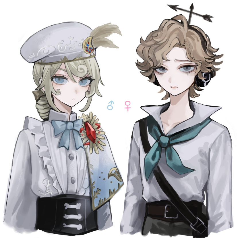 !_(rsa_yuhr), 1boy, 1girl, androgynous, belt, beret, black_corset, blonde_hair, blue_bow, blue_eyes, blue_neckerchief, bow, brown_belt, center_frills, corset, crossbody_bag, edgar_valden, edgar_valden_(golden_ratio), frilled_shirt, frills, gem, grey_eyes, hat, hat_feather, headphones, highres, identity_v, long_sleeves, neckerchief, otoko_no_ko, ponytail, red_gemstone, sailor_collar, shirt, short_hair, single_drill, tomboy, wavy_hair, weather_vane, wendy_foote, white_hat, white_sailor_collar, white_shirt