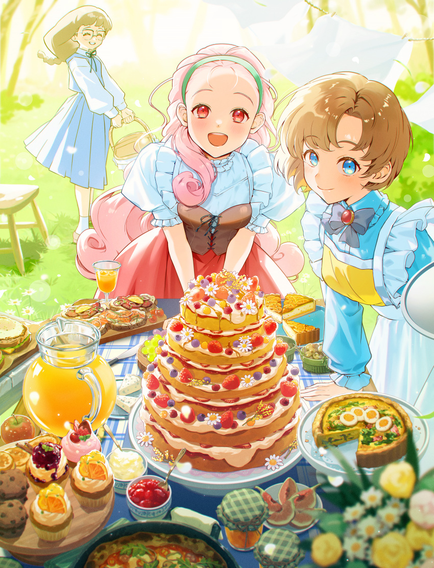 3girls, absurdres, apple, basket, blue_eyes, blue_skirt, blurry, blush
