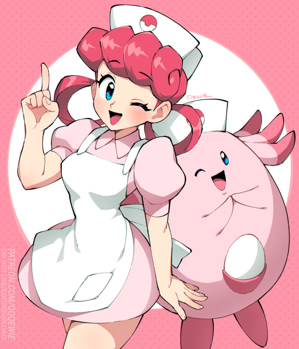 1girl, 333_(dqqqdle), ;d, apron, artist_name, blue_eyes, chansey, dress