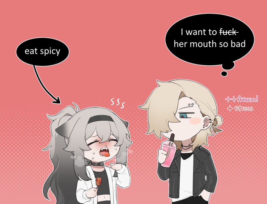 1boy, 1girl, black_collar, black_jacket, black_tank_top, blonde_hair, blue_eyes, blush, chibi, closed_eyes, collar, cup, degrees_of_lewdity, disposable_cup, english_text, eyebrow_piercing, food, grey_hair, hair_over_one_eye, hand_in_pocket, highres, holding, holding_food, jacket, kai_(drakkai10), long_hair, looking_at_viewer, open_clothes, open_jacket, open_mouth, original, piercing, pink_background, shirt, shoya_(kai_(drakkai10)), speech_bubble, tank_top, thought_bubble, tongue, tongue_out, white_jacket, white_shirt, whitney_(degrees_of_lewdity), whitney_(male)_(degrees_of_lewdity)
