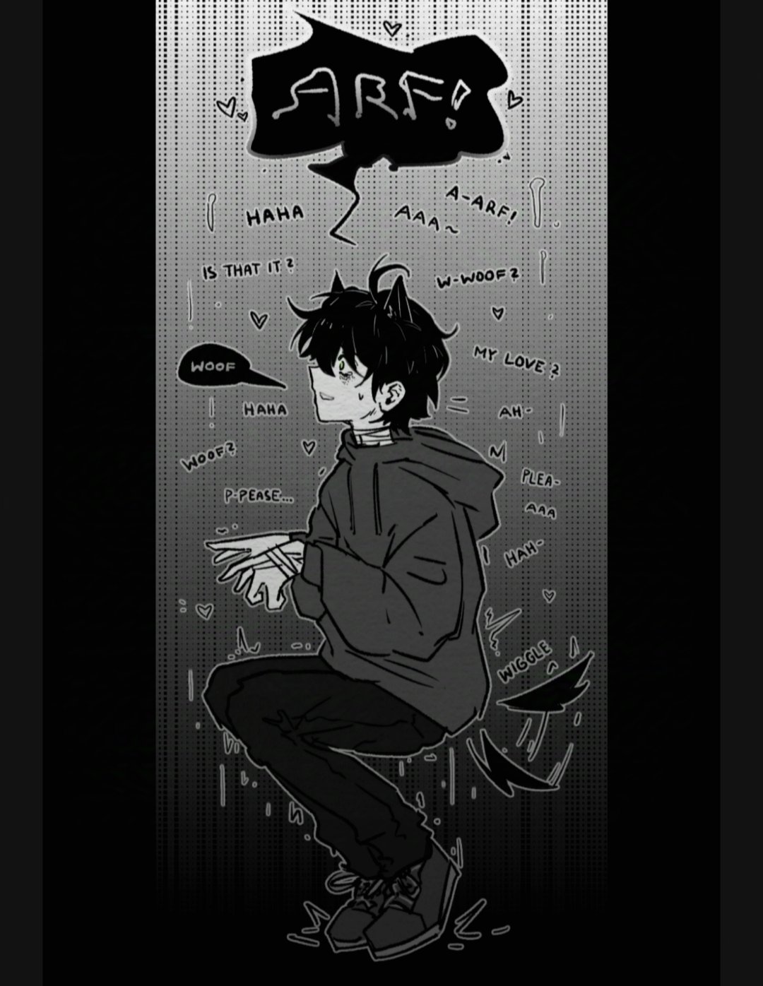 1boy, degrees_of_lewdity, down_boy!!_(meme), from_side, greyscale, highres, hood, hoodie