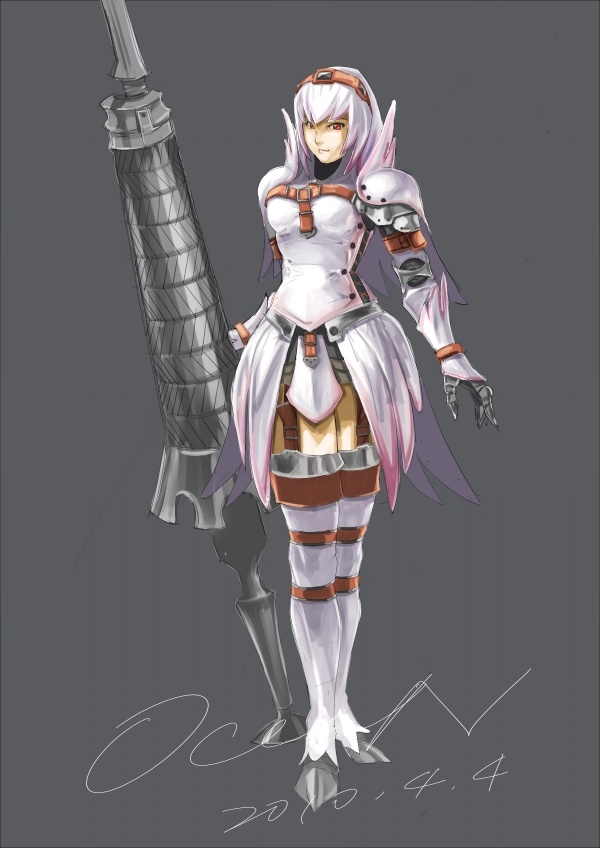 grey_background, headband, lance, monster_hunter_(series), monster_hunter_g, mortar_headd, ocean_(moguyobi), polearm