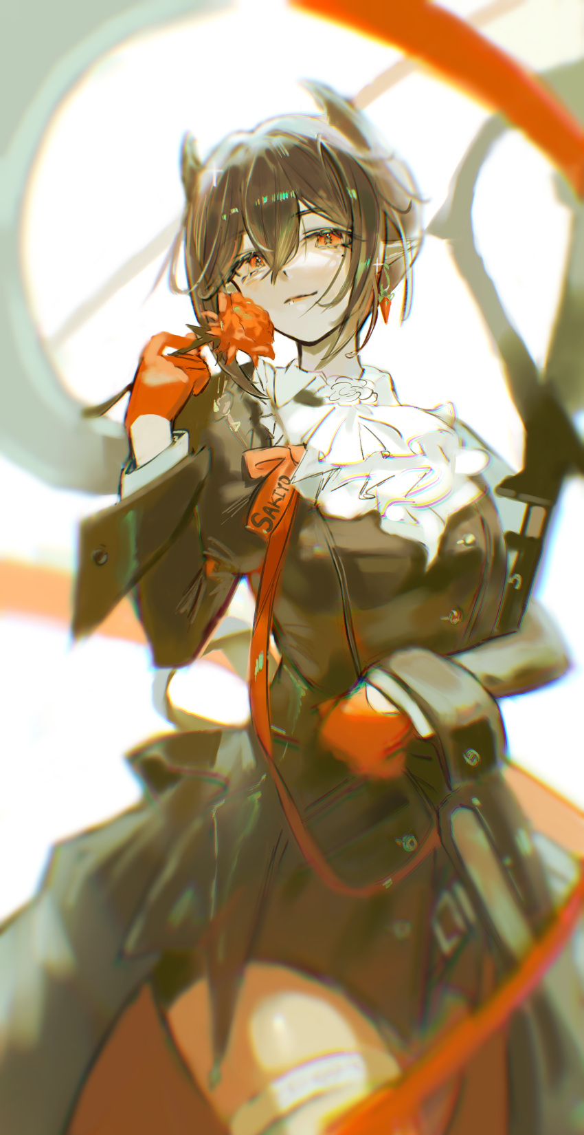 1girl, absurdres, arknights, artist_name, ascot, black_dress, black_hair, blurry