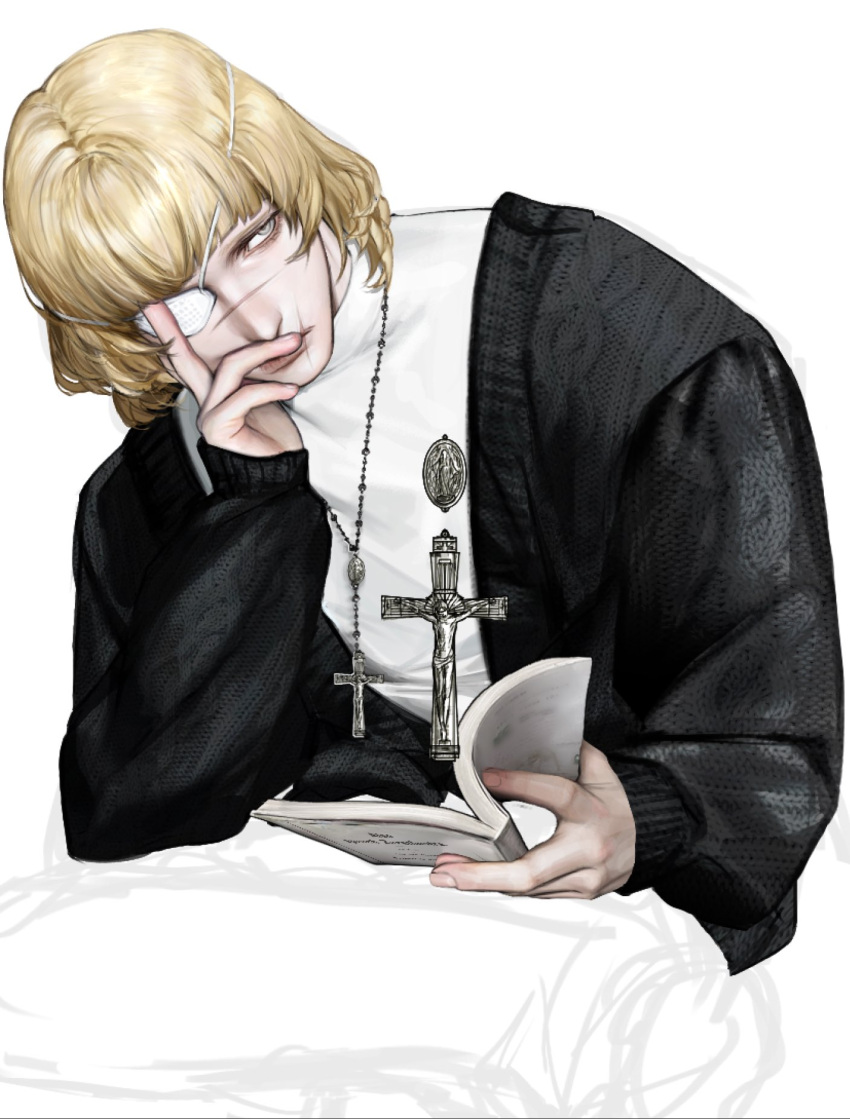 1boy, badeni, black_cardigan, blonde_hair, blue_eyes, book, cardigan, chi.:_chikyuu_no_undou_ni_tsuite