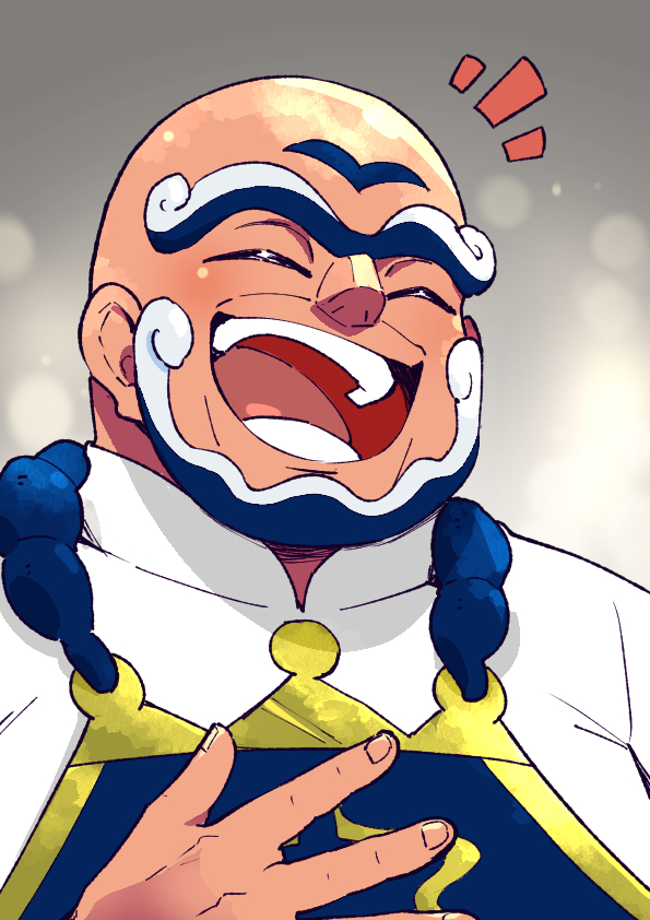 1boy, :d, apron, bald, beard, blue_apron, closed_eyes, commentary_request