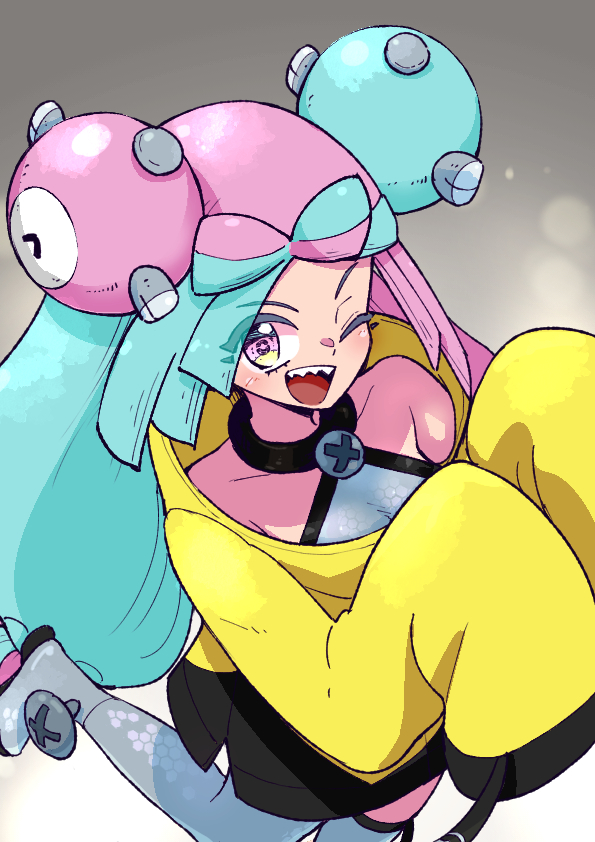 1girl, ;d, bow-shaped_hair, breasts, character_hair_ornament, collarbone, commentary_request, gomomo00