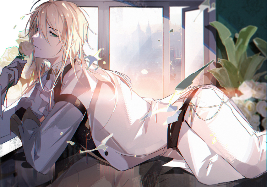 1boy, alkaid_mcgrath, alkaid_mcgrath_(eden), arm_support, ascot, belt, black_belt, black_vest, blonde_hair, blurry, blurry_background, closed_mouth, collared_shirt, feet_out_of_frame, flower, from_side, green_eyes, hair_between_eyes, highres, holding, holding_flower, indoors, jacket, jiuchuansi, long_sleeves, looking_at_viewer, looking_to_the_side, lovebrush_chronicles, lying, male_focus, medium_hair, on_stomach, open_window, pants, plant, reflection, rose, shirt, sideways_glance, sleeve_garter, smile, solo, suit, vest, white_ascot, white_flower, white_jacket, white_pants, white_rose, white_shirt, white_suit, window