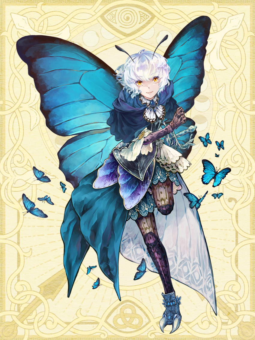 1boy, alfredo_titley, angora_hamasaki, animal_print, antennae, armor, arthropod_boy, arthropod_limbs, black_vest, blue_butterfly, blue_capelet, blue_gemstone, blue_shoes, blue_shorts, blue_wings, bug, butterfly, butterfly_boy, butterfly_brooch, butterfly_print, butterfly_wings, capelet, chain_paradox, collar_chain_(jewelry), collared_shirt, fairy, faulds, full_body, gem, hand_up, highres, hood, hood_down, hooded_capelet, insect_wings, leaning_forward, long_sleeves, looking_at_viewer, male_focus, pantyhose, parted_lips, see-through_clothes, see-through_legwear, sheath, sheathed, shirt, shoes, short_hair, shorts, solo, standing, standing_on_one_leg, sword, three-quarter_sleeves, vest, waist_cape, wavy_hair, weapon, white_hair, white_shirt, wings, yellow_background, yellow_eyes