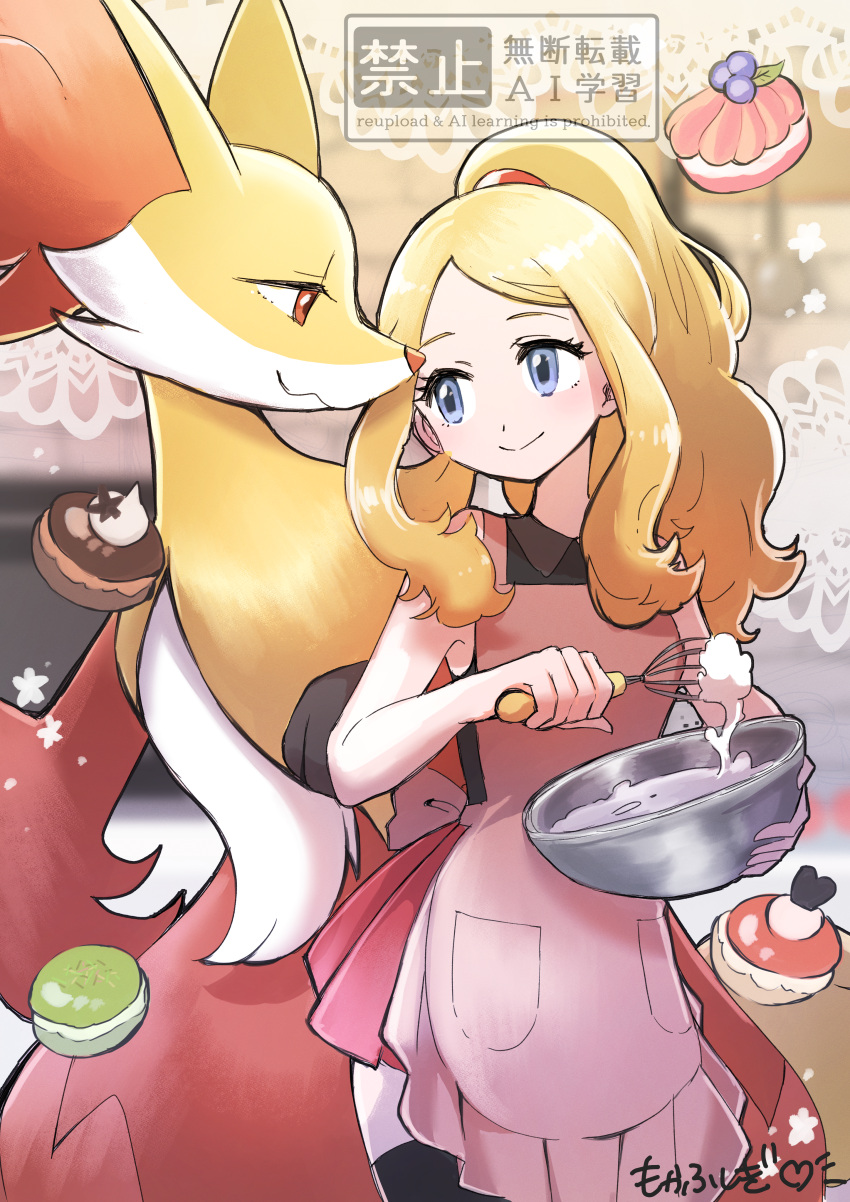 1girl, absurdres, apron, black_thighhighs, blonde_hair, blue_eyes, blurry, blurry_background
